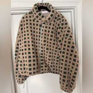Checkered dark green and tan zip up fleece jacket